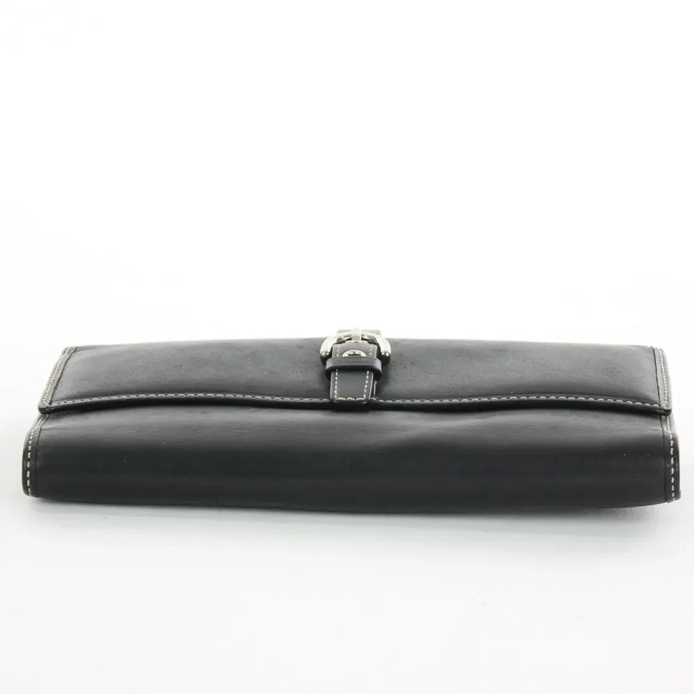 Coach Vintage Black Leather Silver Buckle Trifold Checkbook Wallet